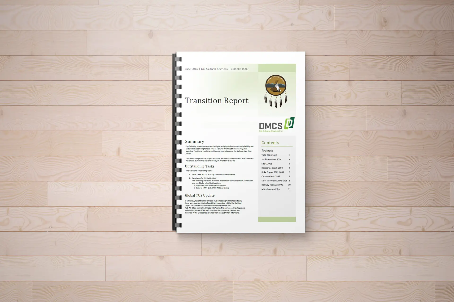 A spiral bound report booklet. Has the Band's crest, some text and the table of contents on the cover