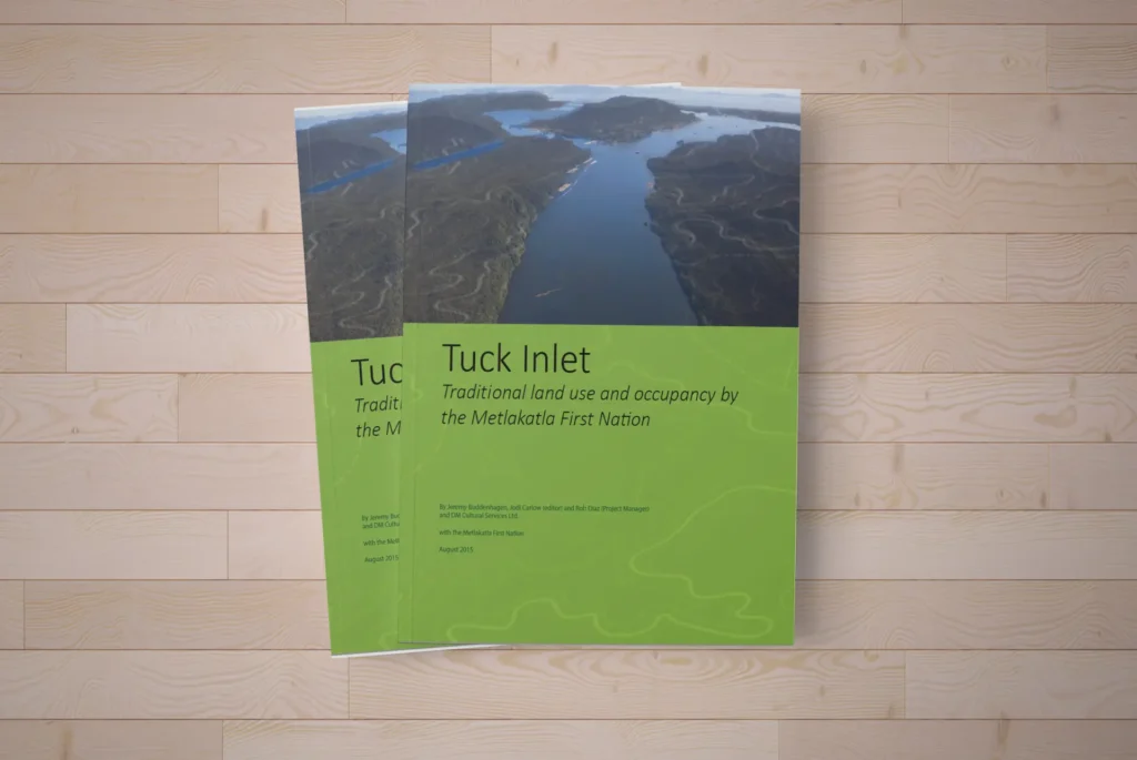 two thirds of cover is green with type, top one third is an image of Tuck Inlet and has topographic lines faintly applied overtop of the image.