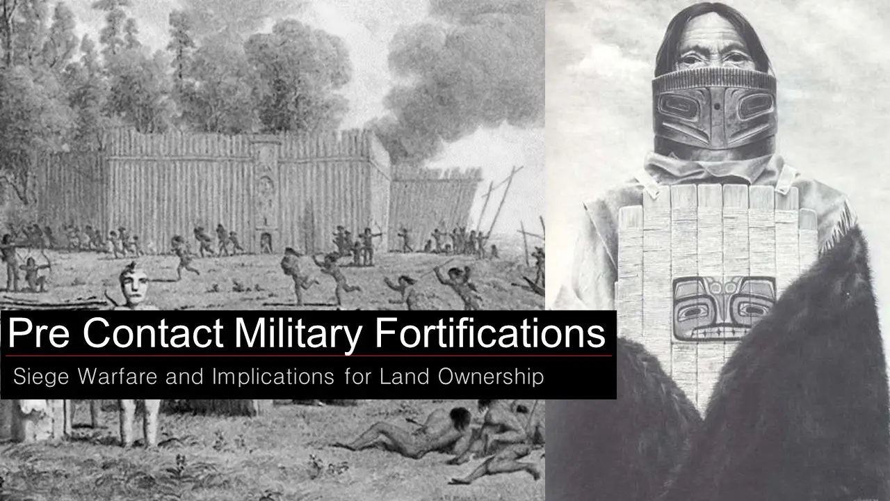 Two historical images, one of Tlingit Warrior with his helemt off, but armored collar on and the other an artistic recreation of an attack on a Clallum fortification