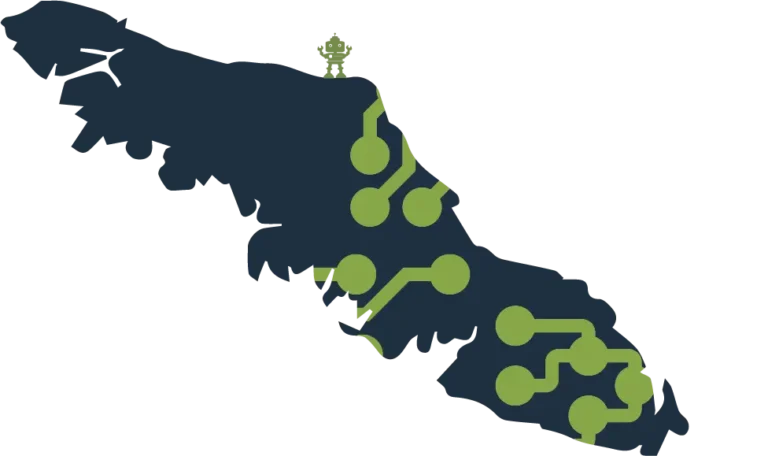 Vancouver Island silouhette in dark blue with green icon styled circuit paths and a tiny robot for fun