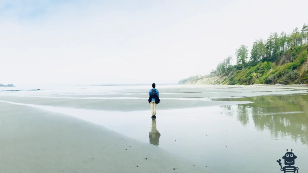 Large vancouver island sandy beach with a lone single person standing in the centre. There is a cute robot illustration in the bottom right waving as if to offer a helping hand.