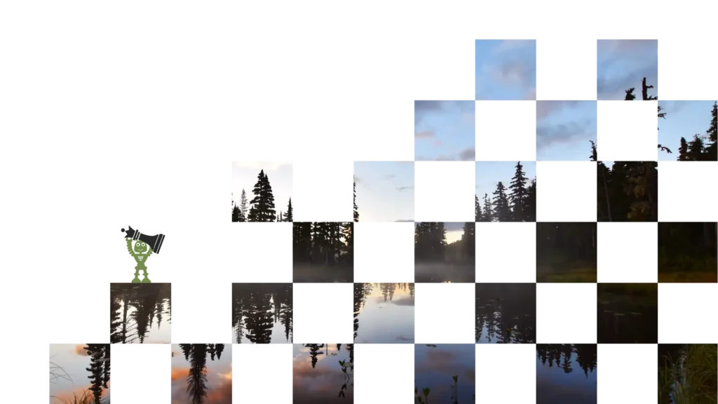 Chess board pattern cut out from an image of Forbidden Plateau on Vancouver Island. Cute cartoon robot holding Queen chess piece over its head hidden in the image